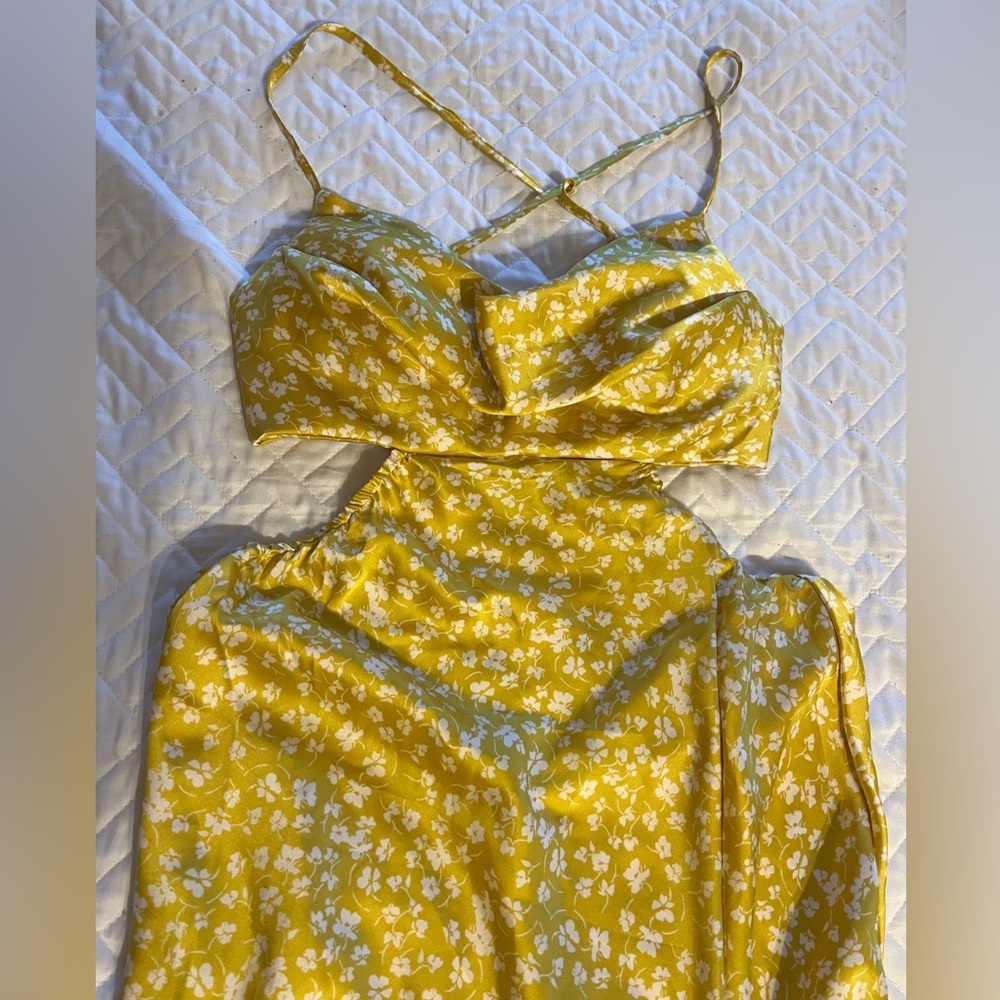 Yellow silky dress, side cutouts